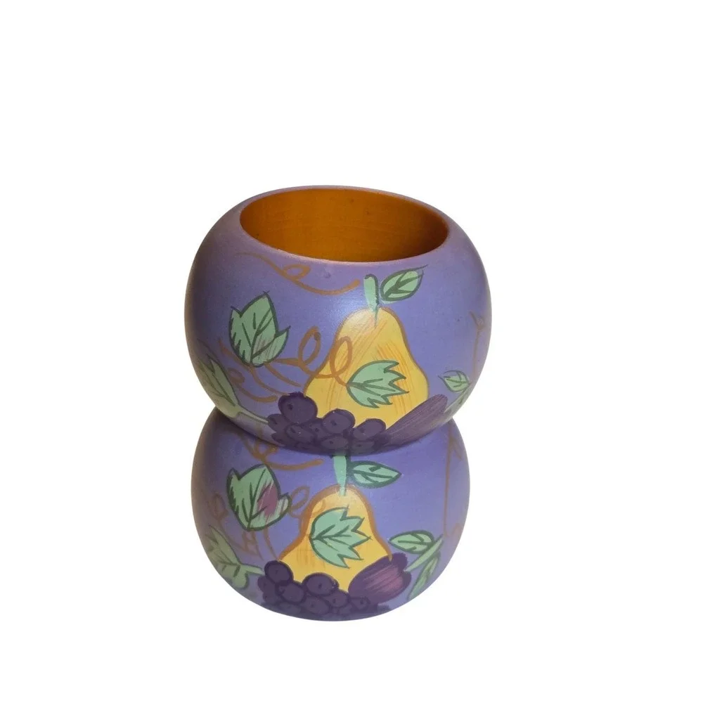 Vintage Hand Painted Wooden Fruit Napkin Rings Set 2 Farmhouse Country Decor